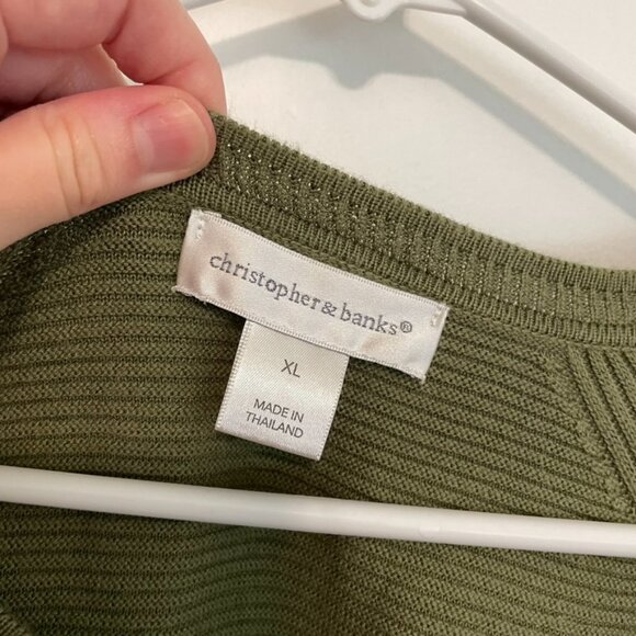 CHRISTOPHER & BANKS Crew Neck Sweater Button Cuff Olive Green 3/4 Sleeve Cotton - Picture 4 of 16